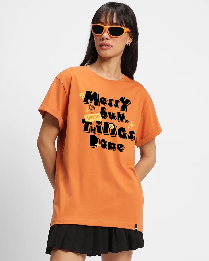 بيواكوف Women's Orange Messy Bun Typography Boyfriend T-shirt